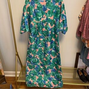 Vintage | Midcentury Floral House Dress in Blue & Pink Textured Fabric | Large